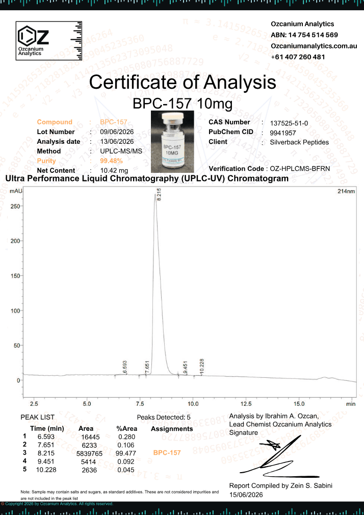 BPC-157 10mg certificate, page 1