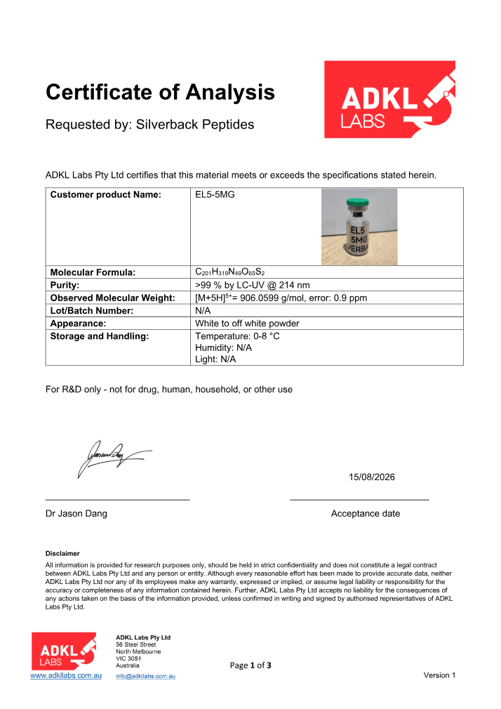 Elorantide (EL5) 5mg certificate, page 1