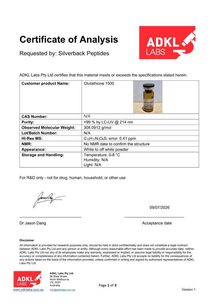 Glutathione 1500mg certificate, page 1