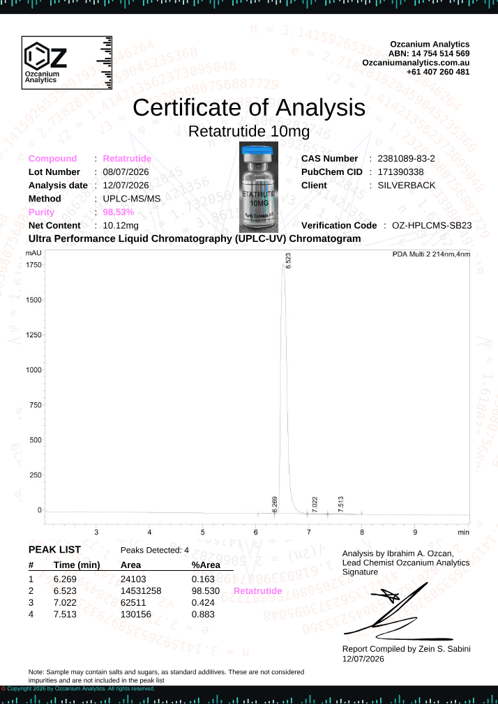 Retatrutide 10mg certificate, page 1