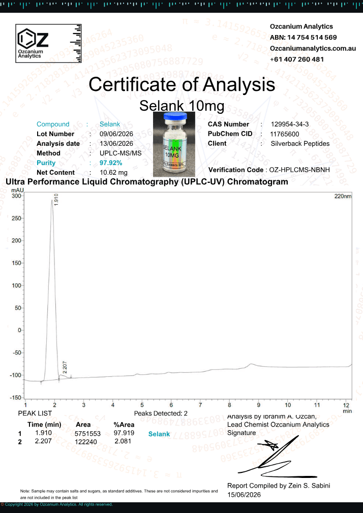 Selank 10mg certificate, page 1