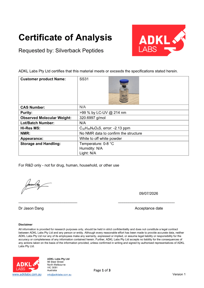 SS-31 10mg certificate, page 1