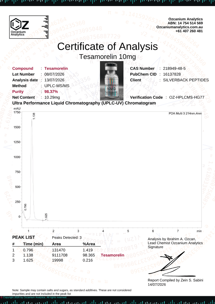 Tesamorelin 10mg certificate, page 1