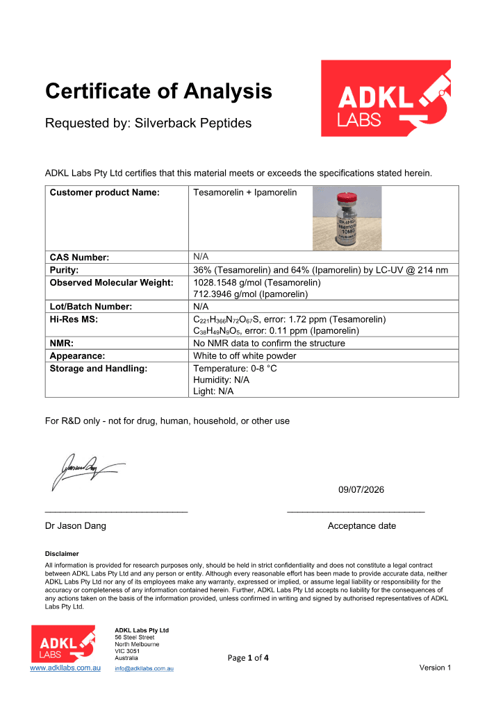 Tesamorelin + Ipamorelin certificate, page 1